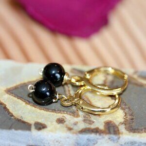 Tiny Hoop Earrings with Natural Black Onyx Wire Wrapped Beads Huggies